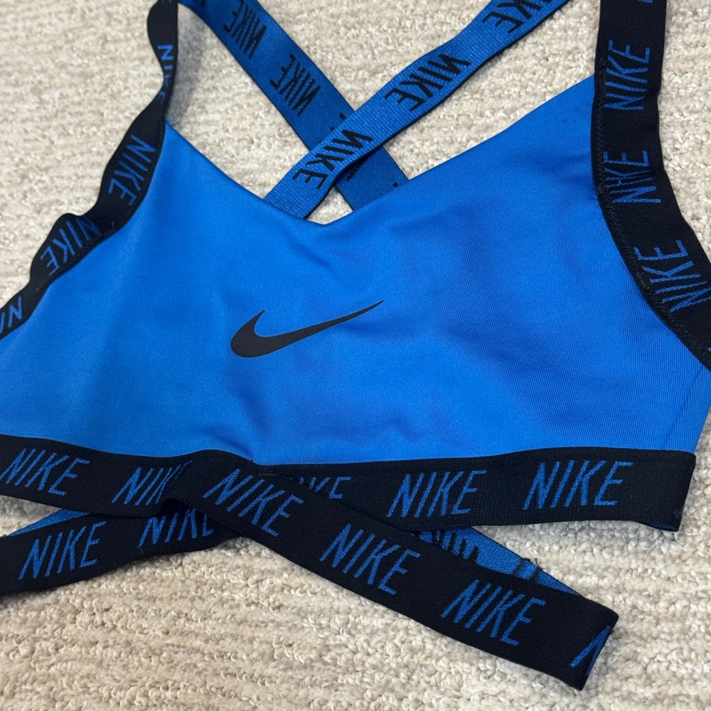 Nike Indy Logo Sports Bra Blue Black Cross Back Strappy Small BV3778-480 - Picture 2 of 5